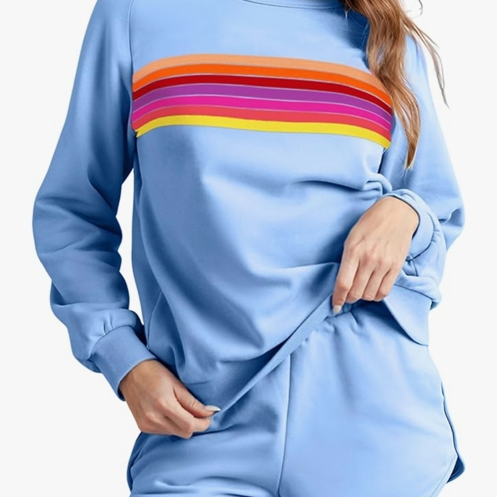 Colorful Striped Blue Sweatshirt and Shorts Set